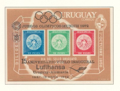 Uruguay 1972 Mi bl 15 (overprint) MNH - 15 ani Lufthansa Uruguay-Germania foto