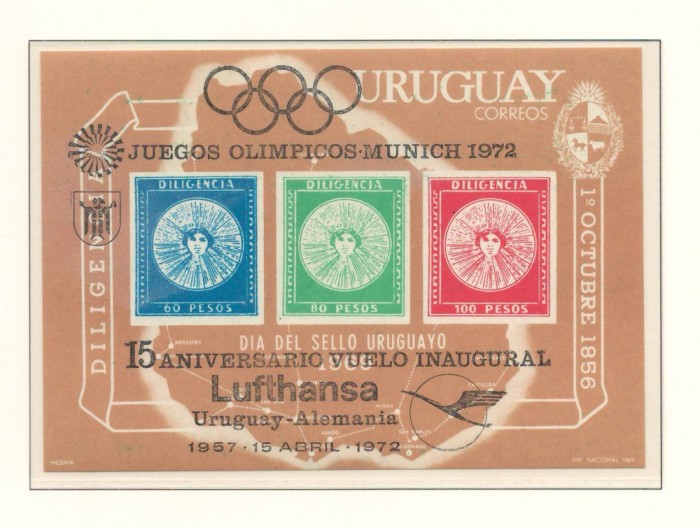 Uruguay 1972 Mi bl 15 (overprint) MNH - 15 ani Lufthansa Uruguay-Germania