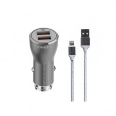 Incarcator Auto cu cablu Lightning Ldnio C407Q, 2 X USB, 36W, Quick Charge, Gri