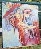 Tablou pictat manual, La sueta , 80x80cm pictura ulei pe panza, Mircea Iordache