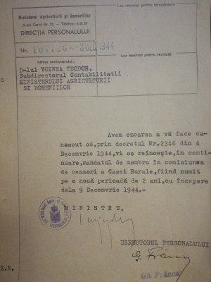 1944, adresă semnată Ion Hudiță, Ministrul Agric. si Domeniilor, Guv. Rădescu foto