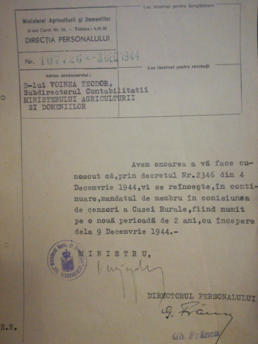 1944, adresă semnată Ion Hudiță, Ministrul Agric. si Domeniilor, Guv. Rădescu