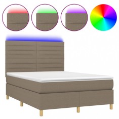 Pat cu arcuri, saltea si LED, gri taupe, 140x200 cm, textil foto