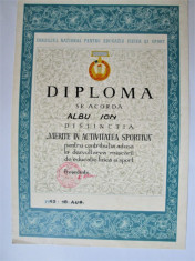 Diploma veche, 1969: Distinctia &amp;quot; Merite in Activitatea Sportiva &amp;quot; foto