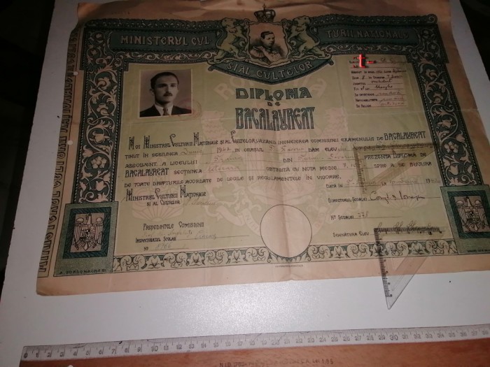 DIPLOMA DE BACALAUREAT 1942 , LICEUL TRAIAN , TURNU SEVERIN