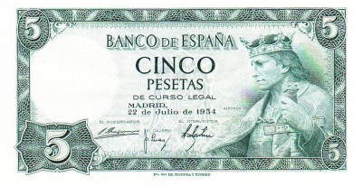 Spania 5 Pesetas 1954 P-146 Seria 0132979 foto