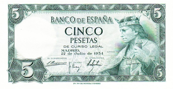 Spania 5 Pesetas 1954 P-146 Seria 0132979