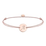 Bratara Ajustabila, Cu Banut Rotund Si Inima, Auriu Roz, Gravat Litera Ta, Snur Roz Pudra