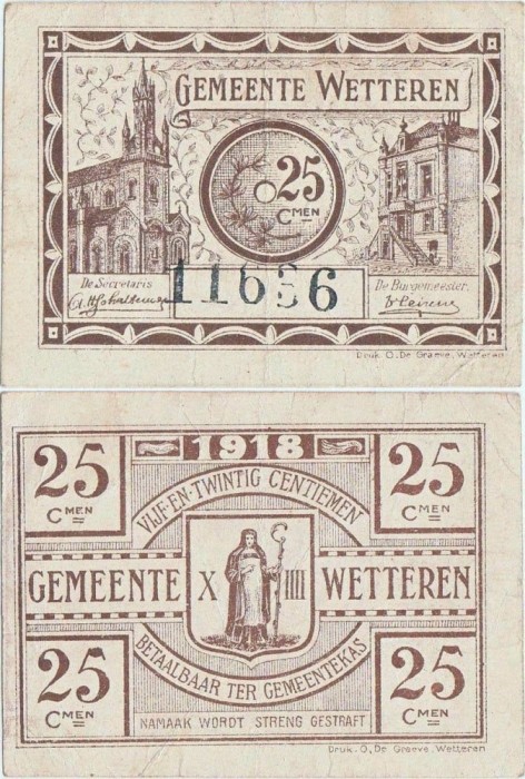 1918 , 25 centiemen ( DB WE125 ) - Wetteren ( Belgia )