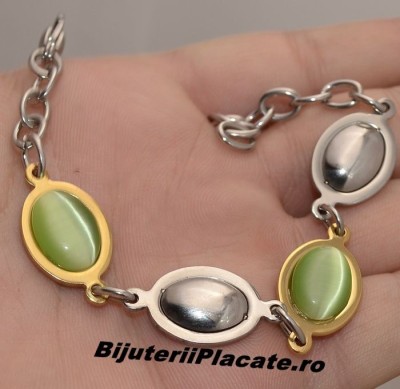 Bratara Auriu si Argintiu cu piatra verde BF925A foto