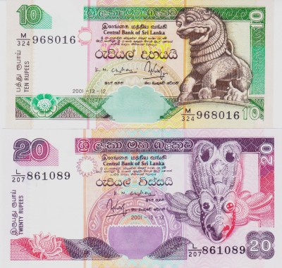 Bancnota Sri Lanka 10 si 20 Rupii 2001 - P115a/116a UNC ( set x2 ) foto