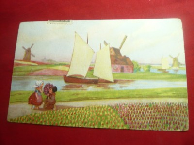 Ilustrata de autor- Copii ,corabie si mori de vant ,circ. la Sibiu 1921 foto