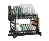 Scurgator vase negru HOMELOVE&reg;, Etajat, Suport pentru tacamuri si tocator, Suport pentru pahare si cani, Tava cu scurgere inclusa INOX De calitate