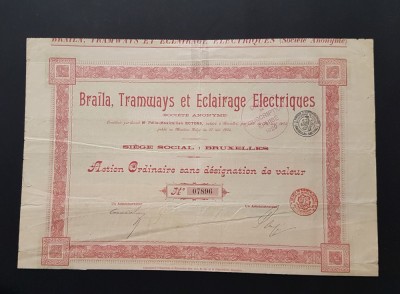 Actiune 1904 Braila / Societatea de tramvaie si iluminat electric / titlu foto
