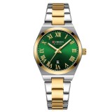 Ceas Dama CURREN 9095L Elegant, Quartz, Cadran Verde, Carcasa Aurie, Bratara Argintiu-Auriu, Calendar, Rezistent la Apa 3 ATM
