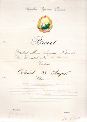 AMS# - BREVET ORDINUL 23 AUGUST CL. V, 1959 foto