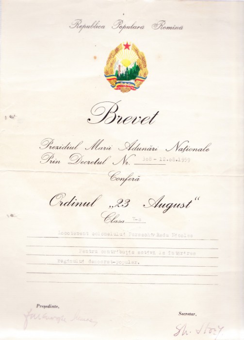 AMS# - BREVET ORDINUL 23 AUGUST CL. V, 1959