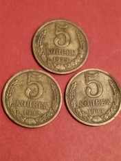 Lot de 3 monede copeici Rusia: 5 copeici 1973 + 1982 + 1983 [poze]. Discount conform descriere [10 - 20 %. Vezi descrierea.].