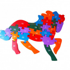Puzzle 3D din lemn pentru copii cu Alfabet si Cifre, Cal, 26 piese, 30 cm, 18016SX