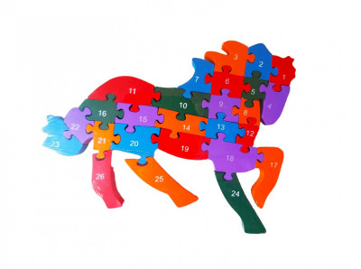 Puzzle 3D din lemn pentru copii cu Alfabet si Cifre, Cal, 26 piese, 30 cm, 18016SX foto
