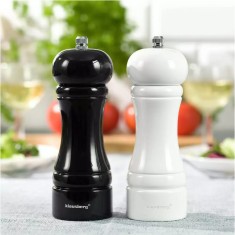 Set de 2 rasnite pentru sare, piper si alte condimente, din lemn masiv, reincarcabile, 5,5x16,3 cm, mecanism de reglabil, alb negru, Klausberg