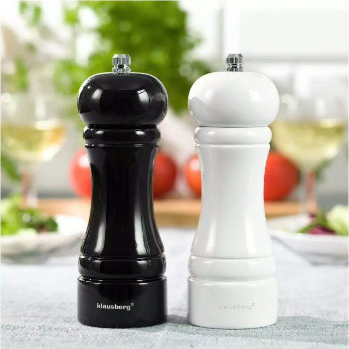 Set de 2 rasnite pentru sare, piper si alte condimente, din lemn masiv, reincarcabile, 5,5x16,3 cm, mecanism de reglabil, alb negru, Klausberg