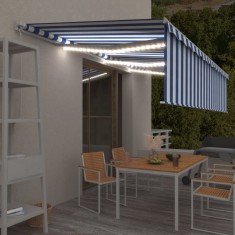 vidaXL Copertină retractabilă manual cu stor&amp;LED, albastru&amp;alb, 6x3 m