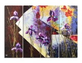 Set 3 tablouri pictat manual, Irisi si maci, 120x90cm ulei pe panza in cutit efect 3D
