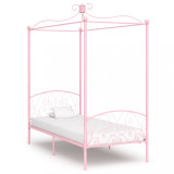 Cadru de pat cu baldachin, roz, 90 x 200 cm, metal, Cires, Pat de mijloc, Dublu, vidaXL