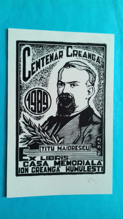 Bucuresti Centenar Creanga Titus Maiorescu 1989 Exlibris