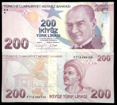 TURCIA 200 LIRE 2022 ( 2009 ) prefix F , UNC [1] P- 227e , necirculata , Guvernator : Sahap Kavcioglu , Viceguvernator : Emrah Seher