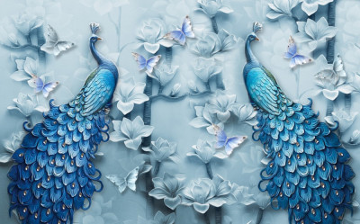 Fototapet de perete autoadeziv si lavabil Pauni, flori, fluturi albastre, 200 x 150 cm foto