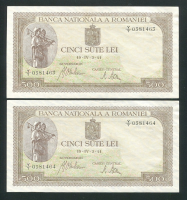 q258 PERECHE CONSECUTIVA 500 LEI APRILIE 1941 FILIGRAN VERTICAL NECIRCULATA UNC foto