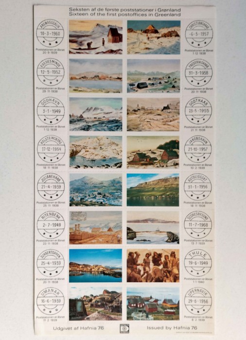 ✅(V) Danemarca Hafnia &#039;76,coala RARA de viniete-primele 16 oficii Groenlanda,MNH