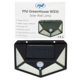 Lampa solara LED PNI GreenHouse WS10, 100 LED-uri, 600 lm, unghi PIR 120 grade, acumulator 1800 mAh, montaj pe perete