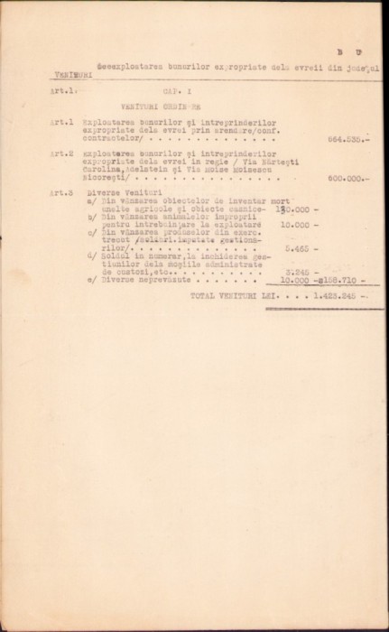 A2689N Buget pentru exploatarea bunurilor și &icirc;ntreprinderilor expropriate de la evrei, județul Tecuci, 1941