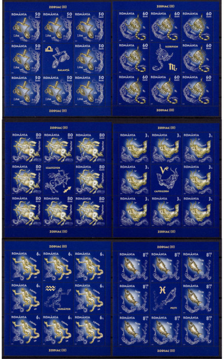 RO 2011, LP 1919 e , &quot;Zodiac II &quot; , minicoli de 8marci+1 vinieta , MNH