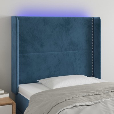 vidaXL Tăblie de pat cu LED, albastru &amp;icirc;nchis, 103x16x118/128cm catifea foto