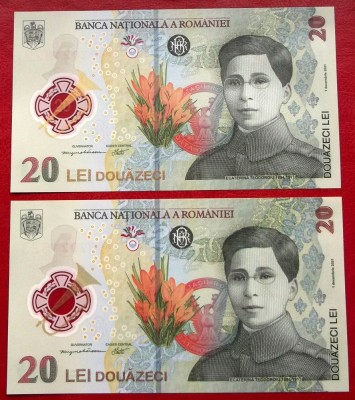 2 x 20 Lei 2021 (2025) polimer litera D serii consecutive 622 623 UNC necirculate ** foto