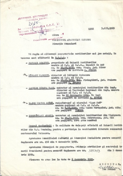 A3383N Semnătura olografă a lui Ion Hobana pe cerere de eliberare de pașaport pentru Dumitru Popescu-Dumnezeu, Centenarul Eminescu, 1989
