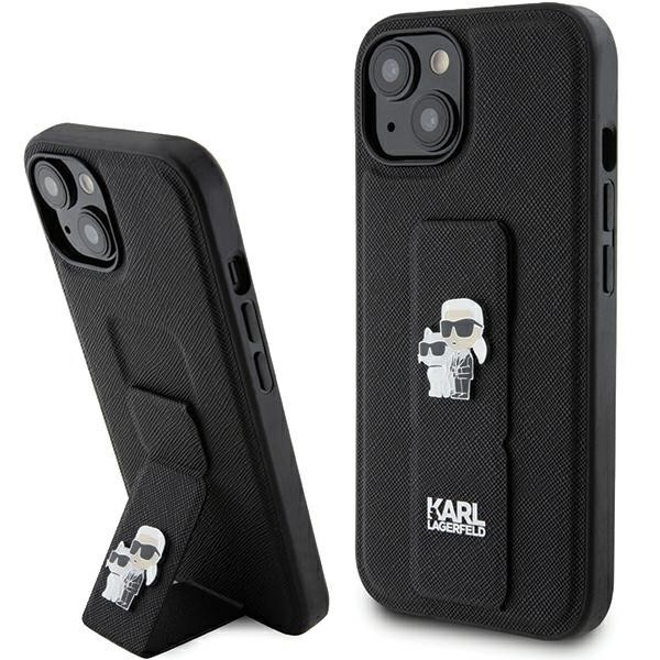Husa MagSafe pentru Apple iPhone 15, Karl Lagerfeld, Saffiano Gripstand Karl &amp; Choupette, Neagra