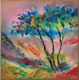 Pictură originală ulei pe p&acirc;nză &bdquo;Copac &icirc;n nuanțe de albastru pe fundal de amurg colorat&rdquo; 20x20 cm, pe șasiu. Certificat semnat de artist