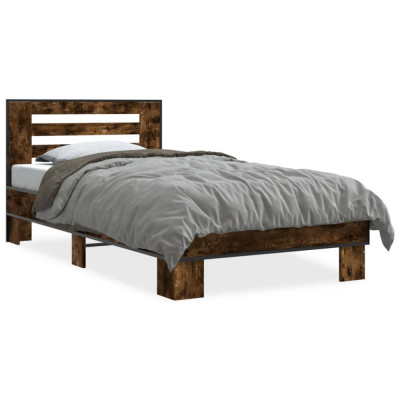 vidaXL Cadru de pat, stejar fumuriu, 75x190cm, lemn prelucrat și metal foto
