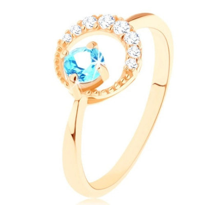 Inel din aur 375 - semilună decorată cu zirconii mici transparente, un topaz albastru - Marime inel: 55 foto