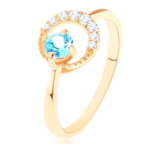 Inel din aur 375 - semilună decorată cu zirconii mici transparente, un topaz albastru - Marime inel: 55