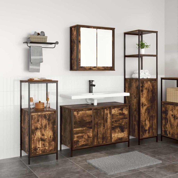 vidaXL Set Mobilier Baie din Lemn Ingineresc Stejar Fumuriu - 3 Piese