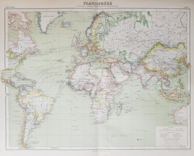 PLANISPHERE - FEUILLE II . OCEAN ATLANTIQUE ET OCEAN INDIEN , HARTA COLOR , SCARA 1/ 50.000.000 , INCEPUTUL SECOLULUI XX foto