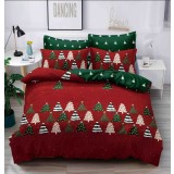 Lenjerie pat de Craciun cu elastic,pat dublu,bumbac finet,6 piese,rosu verde cu brazi-A620