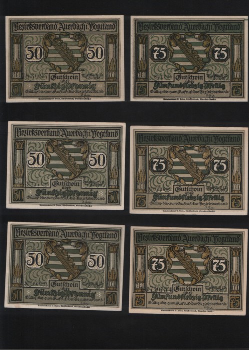 Notgeld 3x50(un missprint) + 3x75 pf Auerbach