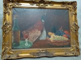 Ulei pe p&acirc;nză o lucrare foarte veche semnata sec.19 &icirc;nceput &icirc;ncadrată &icirc;ntr-o ramă din lemn masiv, Natura statica, Realism